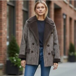NVLT Anthropologie Herringbone Coat M Brown Black Double Breasted Eyelash Knit